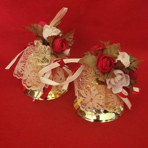VTG Christmas Golden Bell Ornament Red Flower Lace Set of 2